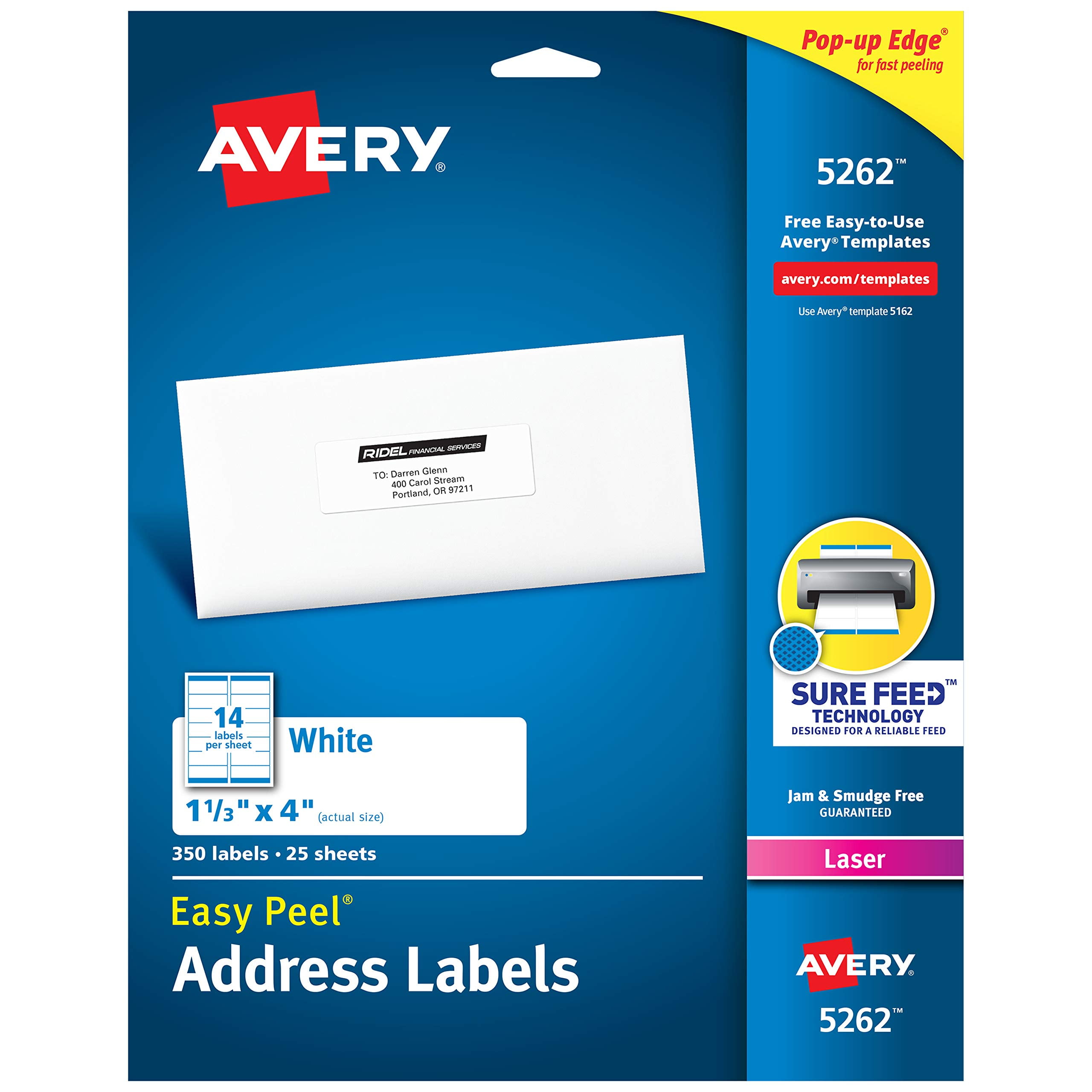 Avery Address Labels with Sure Feed for Laser Printers, 1-1/3" x 4", 350 Labels, Permanent Adhesive (5262), White