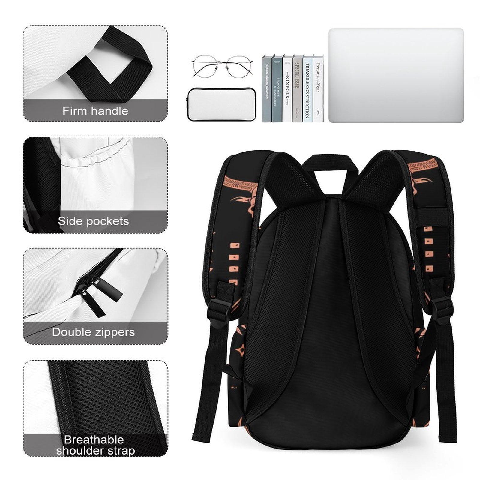 Large Capacity Half Print Backpack 11.8×16.5×5.9in Multifunctional Zipper Design Convenient Switch Bohemian Cow Skull