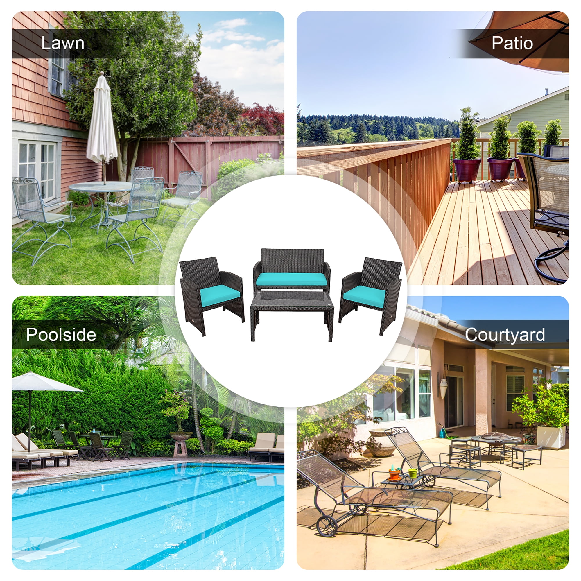Costway 4PCS Patio Rattan Furniture Set Cushioned Chair Sofa Coffee Table Turquoise