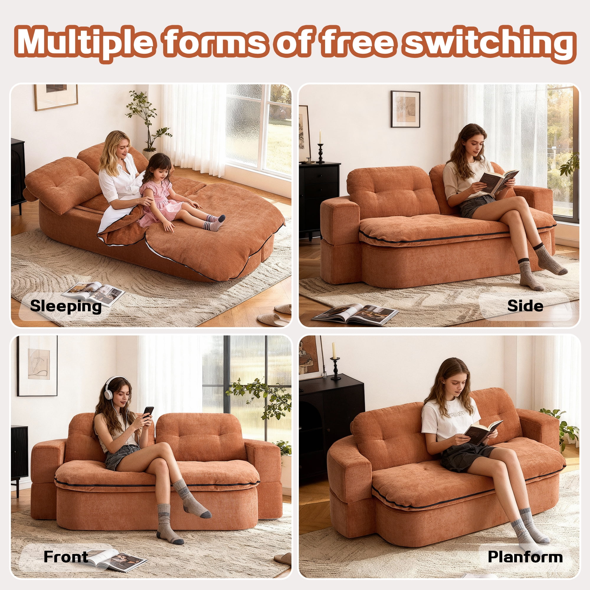Jopath Sleeper Sofa Bed with 2 Pillows,Corduroy Convertible Futon Sleeper Sofa Couch,Modern Floor Sofa Bed,Folding Mattress for Living Room,Small Spaces,Caramel