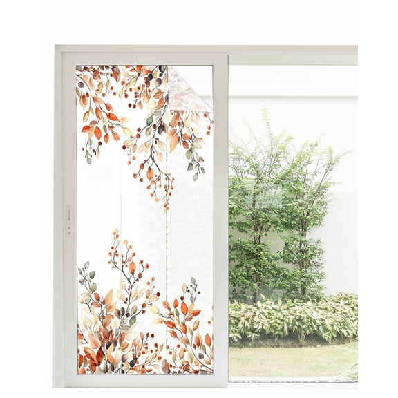Window Privacy Film Fall Leaves Stained Glass Window Film Decorative Sun Block Window Cover Farmhouse Orange Eucalyptus Leaf Floral Window Clings Static Adhesive Sticker for Bathroom 35.4"x78.7"