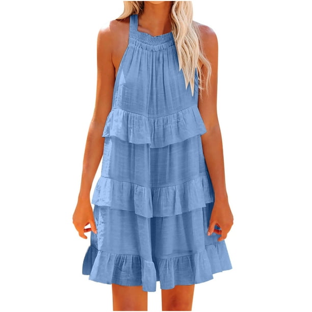 Summer Dresses for Women Crewneck Sleeveless Ruffle Tiered Mini Dress ...