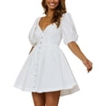 thumbnail image 2 of hirigin Women Dress, Short Sleeve V Neck Solid Color Buttons Casual Party Club Street Spring Short Dress, White, 2 of 8