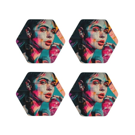 

Vsdgher Vibrant Street Art Portrait Leather Coasters for Drinks Durable Drink Coasters 4 Set for Tabletop Protection Luxurious Home Décor and Housewarming Gift-Hexagon