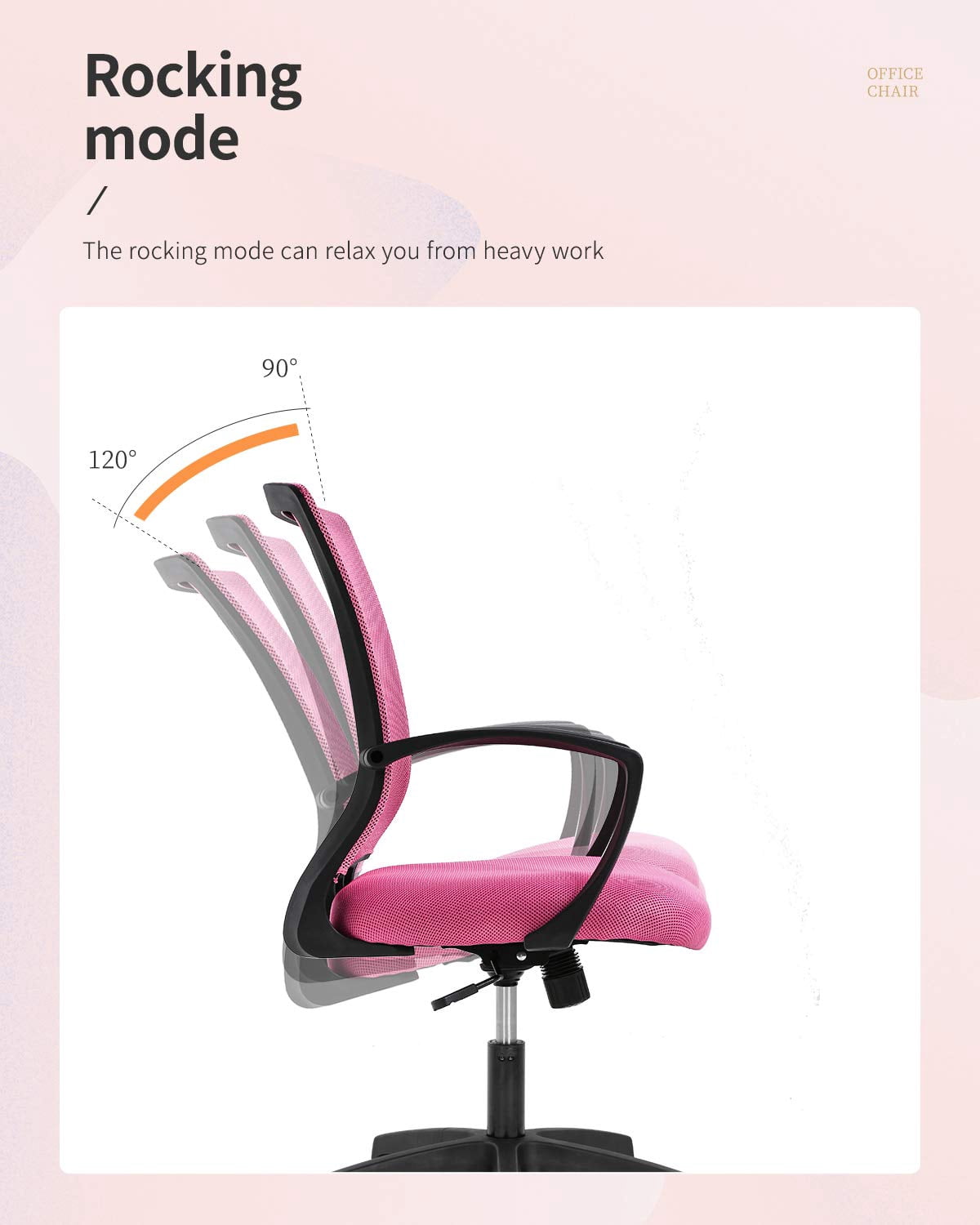 Home Office Chair - Ergonomic Mesh Desk Chair with Lumbar Support, Height Adjustable Task Chairs with Fixed Armrest, for Computer, Students, Conference, 360° Swivel, Pink