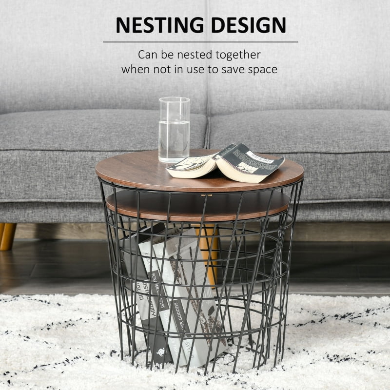 HOQBN End Table Set of 2, Nesting Tables with Storage, Round Accent Side Tables with Removable Top for Living Room, Black/Brown