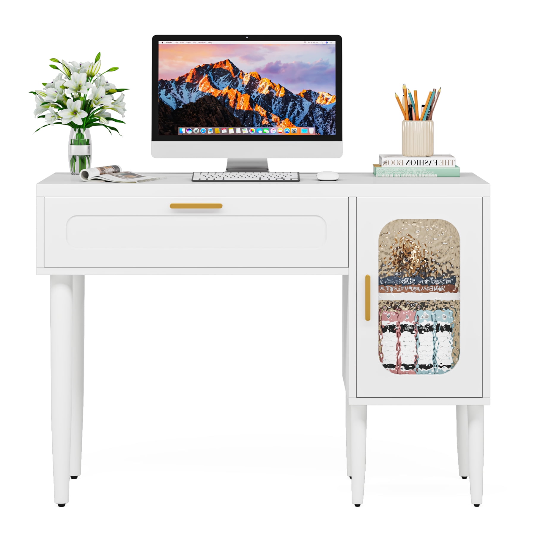 WiberWi Computer Desk with Drawers and Hutch, 43.3 inch White Home