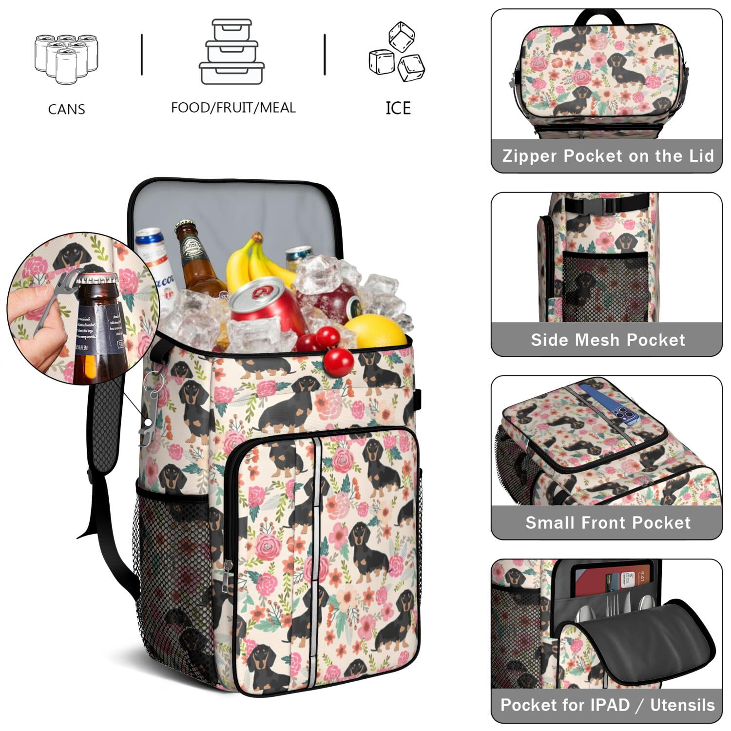 Travel Cooler Bag - Dachshund and Flower Camping Beer Cooler Backpack with Bottle Opener- Waterproof Insulated Picnic Backpacks - Cooler Bag for Beach