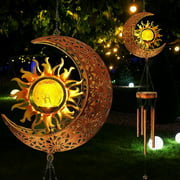 Solar Wind Chimes Outdoor Decor Moon and Sun Crackle Glass Ball Hanging Light with Warm Light for Garden Yard Patio