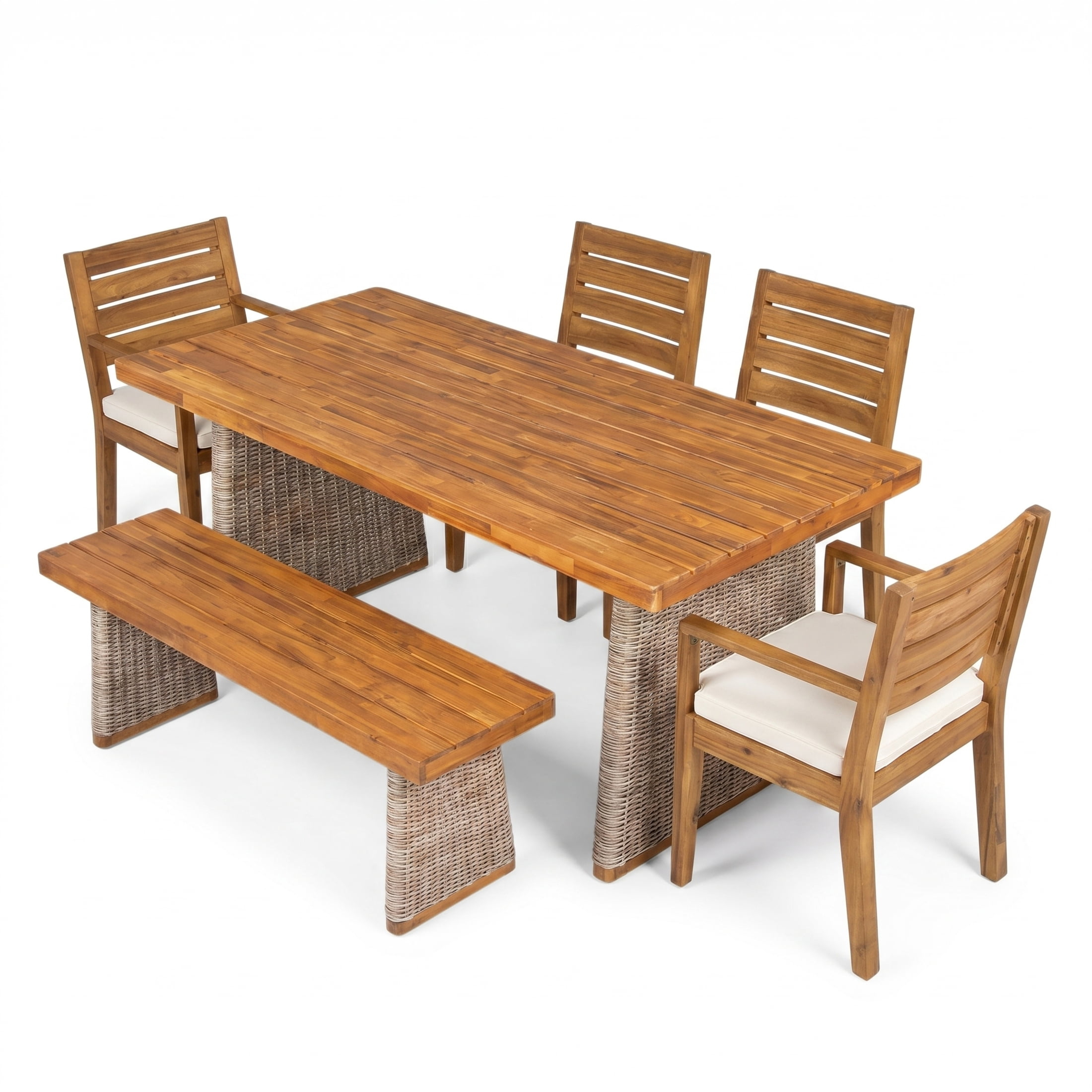 Christopher Knight Home Outdoor Patio 6-Piece Dining Set with Chairs, Bench and Table, Beige Cushions
