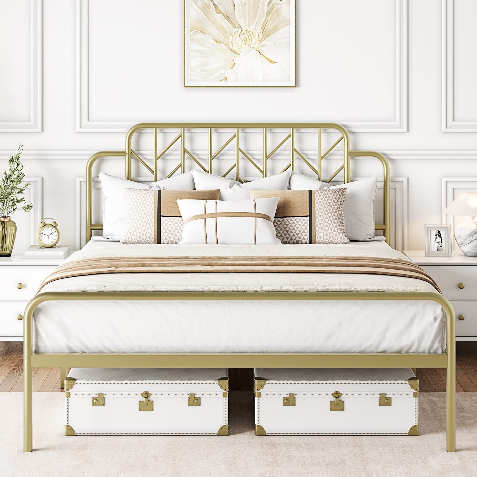 Yesfashion Gold Queen Bed Frame with Headboard and Footboard, 12.6