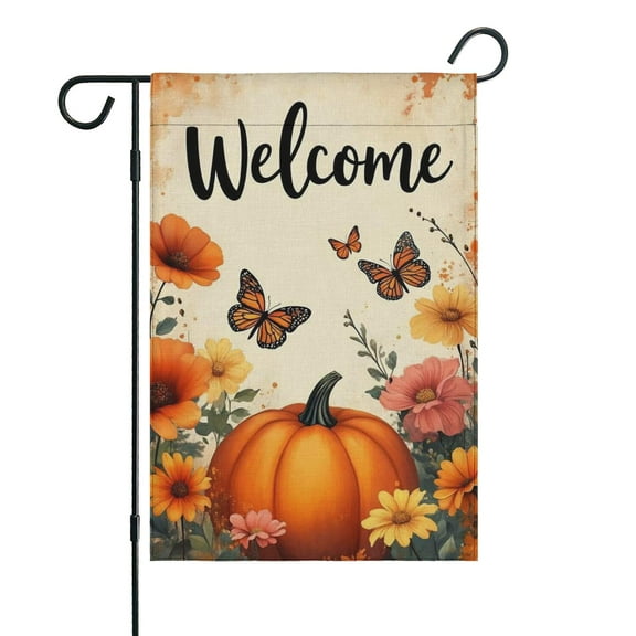 Fall Welcome Pumpkin Flowers Butterflies Fall Garden Flags 12.5"x18" Double Side,Small Yard Flags for Outside,Outdoor Fall Decor,Autumn Funny Garden Flag Yard Decoration