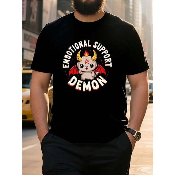 Men'S Plus Size " Demon" Graphic T-Shirt - Black Crew Neck, Casual Short Sleeve, Breathable Cotton, Comfort Fit, Machine Washable, Streetwear Fashion, Funny Graphic Tee For Big Tall Guys, PLUS SIZE