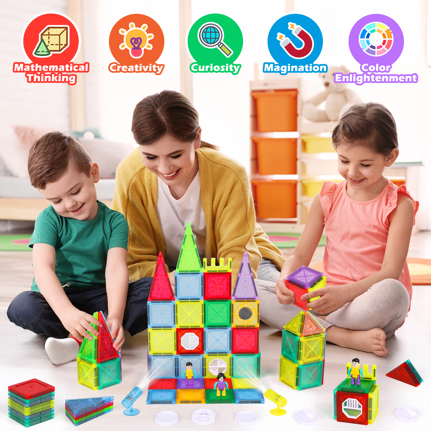 Beefunni 90PCS Magnetic Building Tiles Set, STEM Construction Toy with Mini Figures & Light Blocks, Educational Magnetic Blocks, Creative Building Playset, Gift Idea