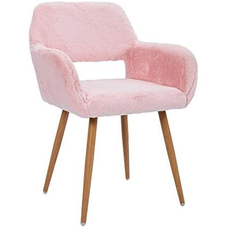 Furry Desk Chair, Mid-Century Modern Accent Faux Fur Chair for Teen Girls, Comfy Armchair with Wood Look Metal Legs for Living Dining Room, Home Vanity Makeup Office Desk Chairs No Wheel, Pink