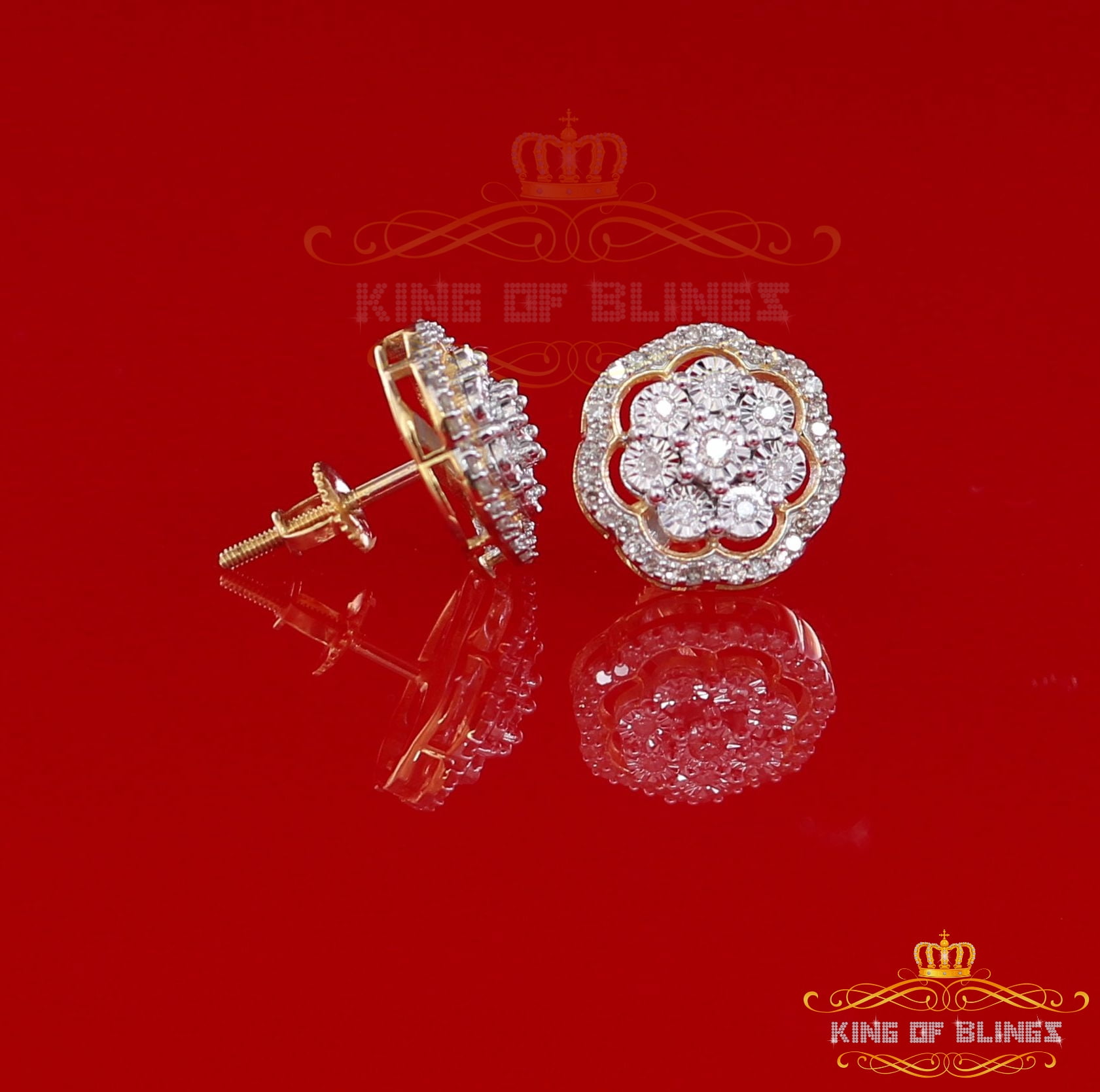 King of Bling's 10K Real Yellow Gold with 0.50CT Real Diamonds Men's/Women's stud Floral Earring