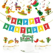 Mexican Theme Birthday PriNst Party Decorations Set, Fiesta Party Pre-Strung Happy Birthday Banner, Cupcake Cake Toppers, Cactus Taco Ceiling Hanging Swirls, Mexican Cinco De Mayo Party Supplies