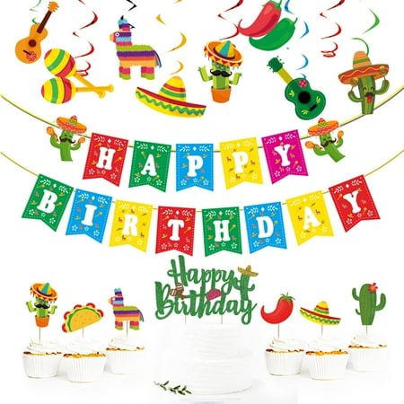 Mexican Theme Birthday PriNst Party Decorations Set, Fiesta Party Pre-Strung Happy Birthday Banner, Cupcake Cake Toppers, Cactus Taco Ceiling Hanging Swirls, Mexican Cinco De Mayo Party Supplies