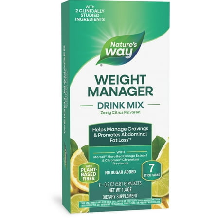 Nature's Way Weight Manager Drink Mix Packs, Plant-Based Fiber, Zesty Citrus Flavored, Unisex, 7ct