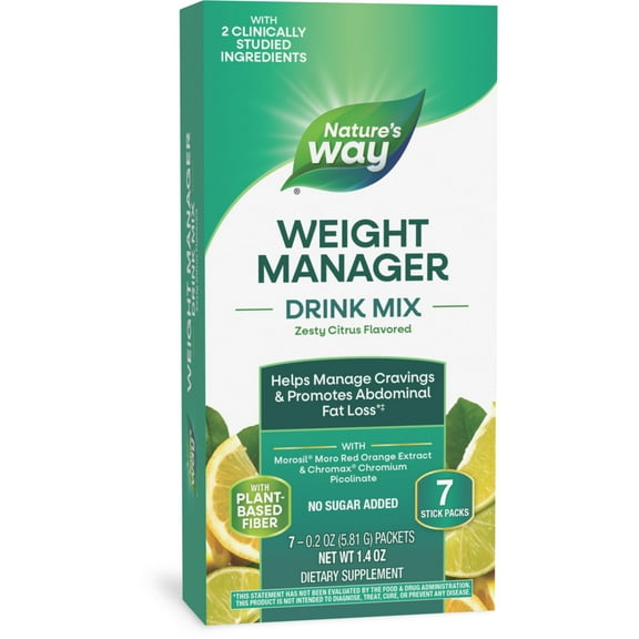 Nature's Way Weight Manager Drink Mix Packs, Plant-Based Fiber, Zesty Citrus Flavored, Unisex, 7ct