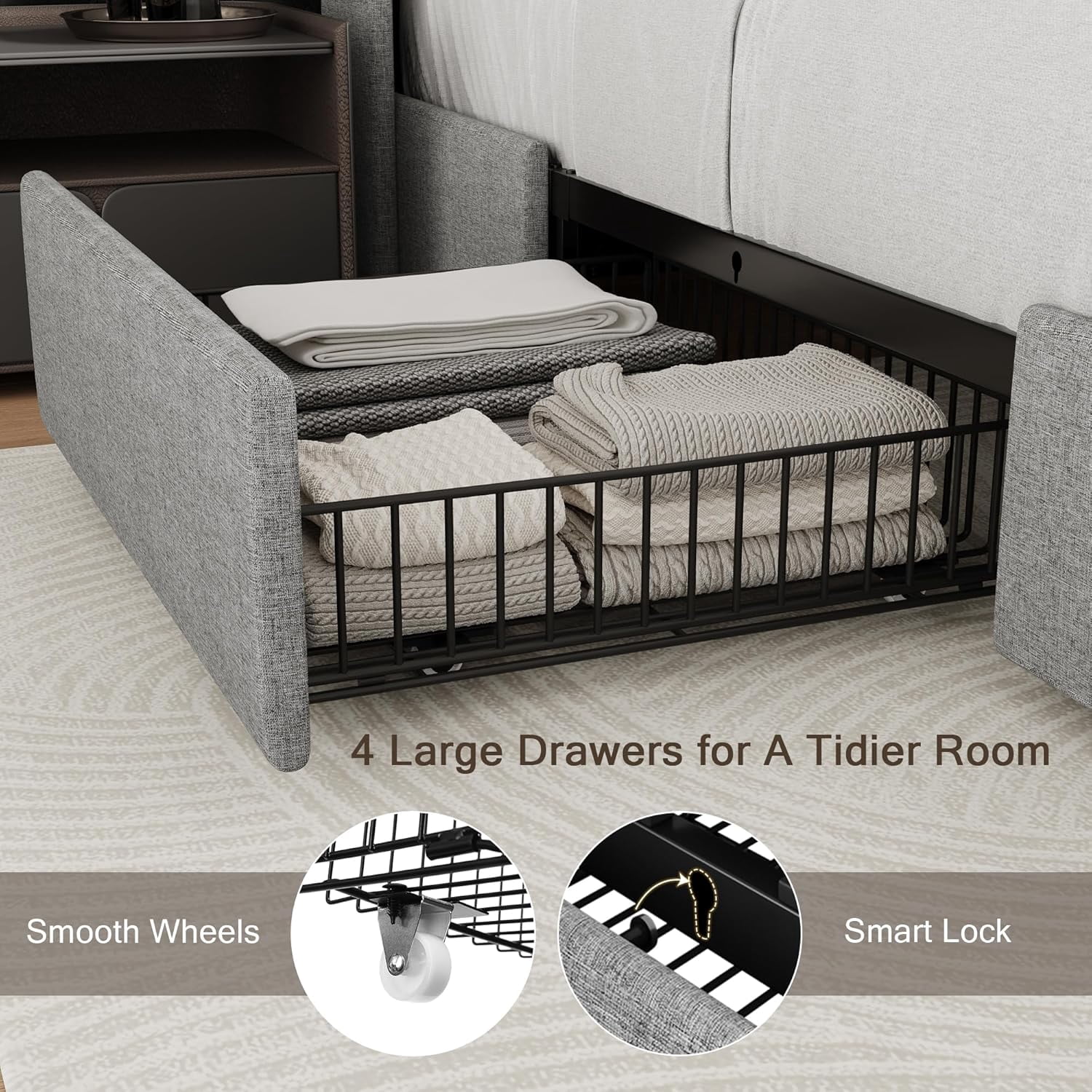 iPormis Queen Size Bed Frame with Charging Station , Upholstered Bed with 4 Storage Drawers, Light Grey