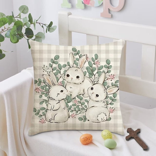 Decoración del hogar, ropa de cama, fundas de almohada, mantas, regalos para inauguración de la casa, funda de almohada de Pascua con conejos, flores y huevos de Pascua verdes, estampada por una cara.