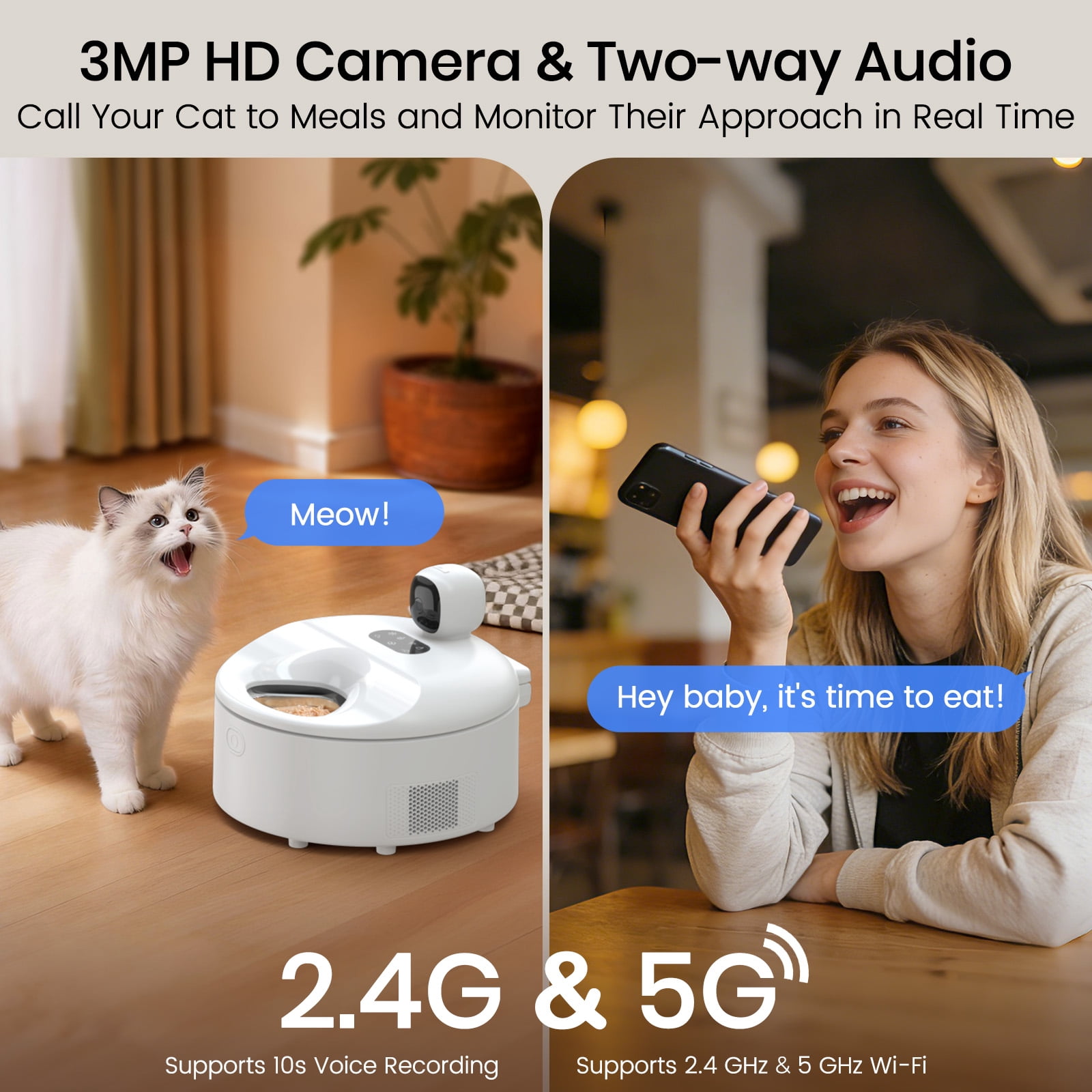 Smart Wet Food Feeder with Camera, Invengo Dual Semiconductor Cooling & Heating with 5 Stainless Steel Trays, Dual-band Wi-Fi APP Control, 5 Fresh Meals Pet Food Dispenser, White