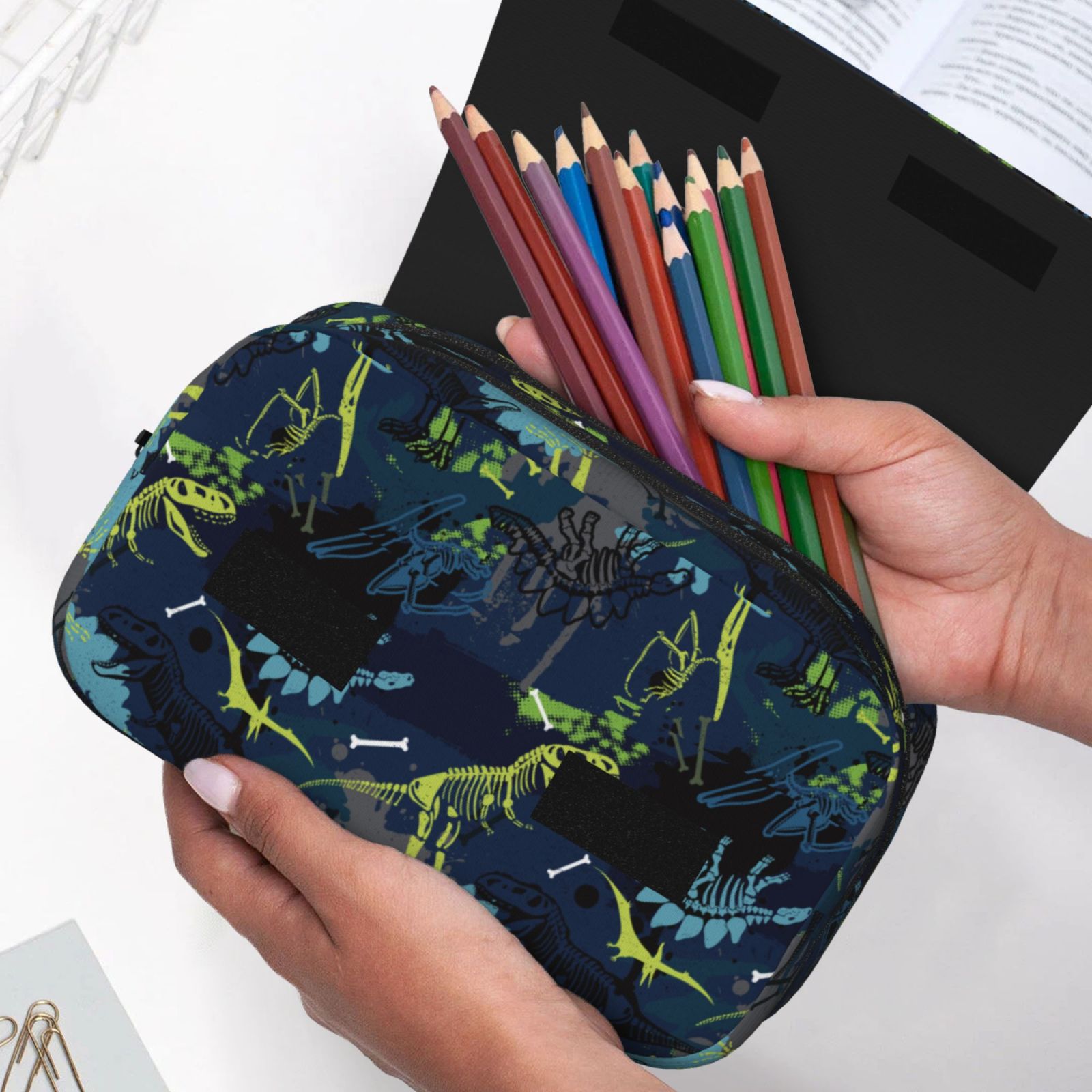 Rateoe Cartoon Dinosaur Pattern Double Clamshell Pen Case, Storage Organizer with Two Zipper Compartments– Holds Up to 50 Pencils & Pens