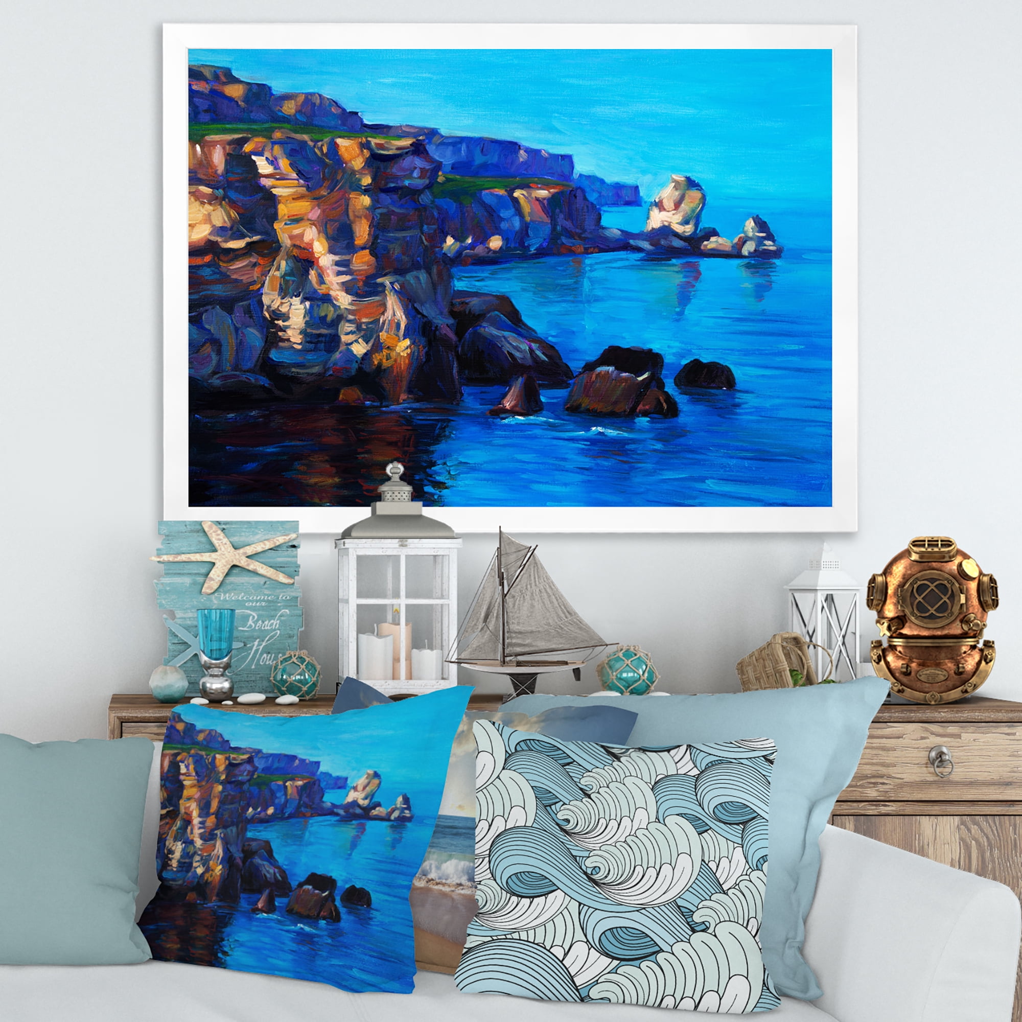 Designart 'The Ocean By Cliffs In The Evening Glow' Nautical & Coastal Framed Art Print