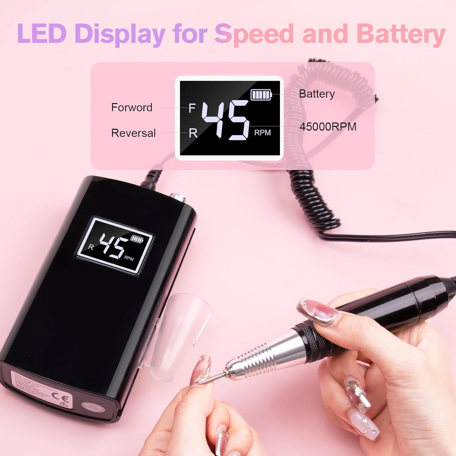 COSITTE 45,000 RPM Portable Electric Nail Drills, LCD Display, Acrylic and Gel Remover, Hand and Foot Care - Black