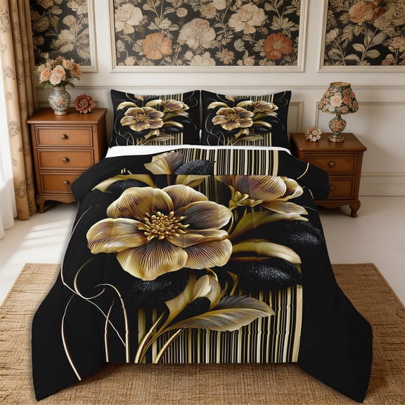 Manfei Vintage Floral Leaves Full Size Comforter Sets 3-Piece,Minimalist Stripes Bedding Comforter Set,1 Comforter and 2 Pillowcases,Reversible