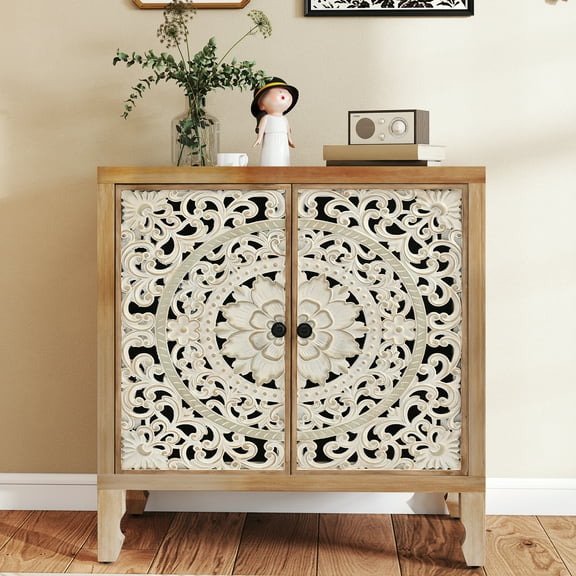 Buffet Cabinet with Storage, Accent Cabinet with 2 Carved Doors, Solid Wood Sideboard with Adjustable Shelf, Vintage Cabinets for Kitchen, Living Room, Entryway, White
