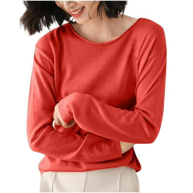 Chbgutlmr Fall Tops for Women Solid Color Long Sleeve Knitted Blouses Loose Comfy Crewneck Basic Tops