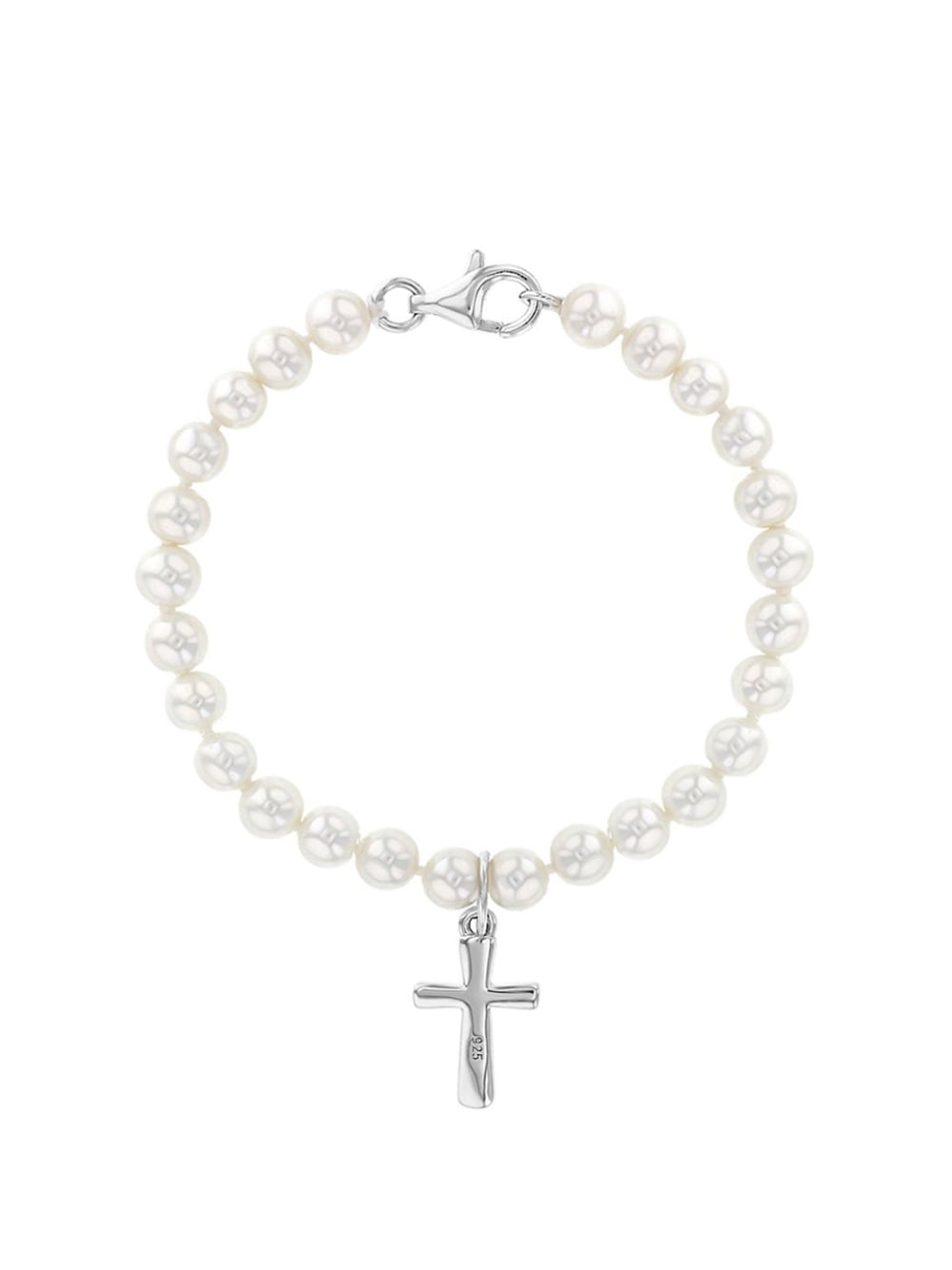 925 Sterling Silver White Simulated Pearl Baby Girl Bracelet Cross 5 