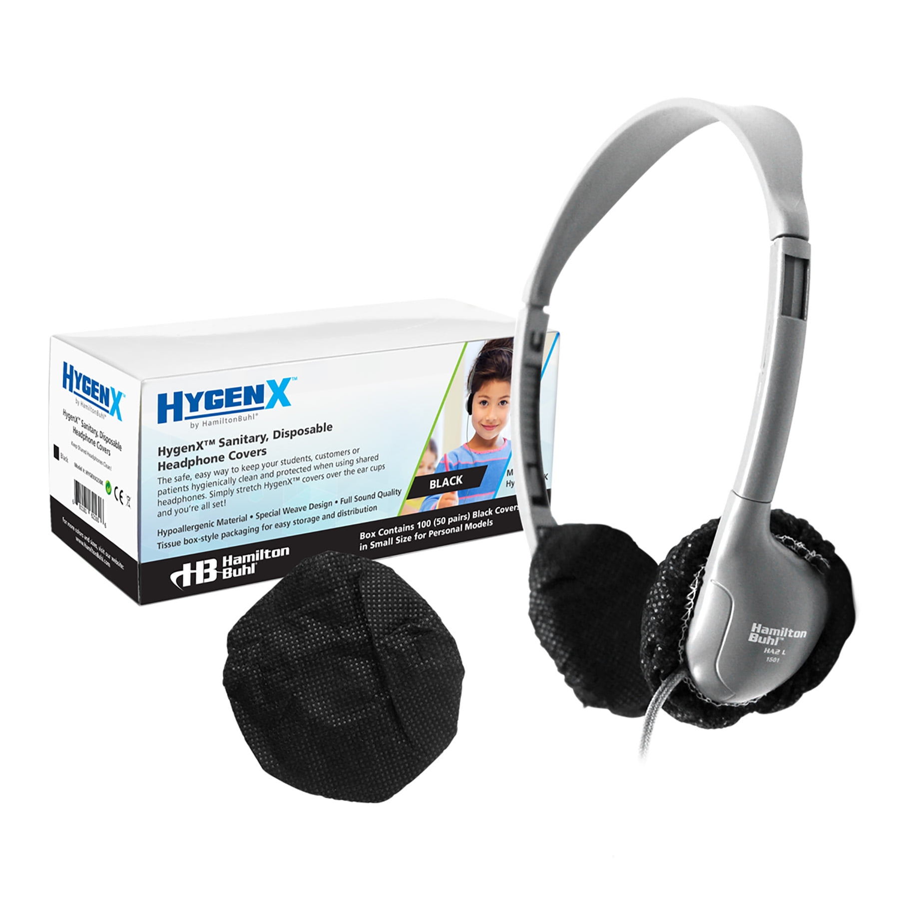HamiltonBuhl HygenX Sanitary, Disposable Ear Cushion Covers, 2.5", Black, 50 Pairs