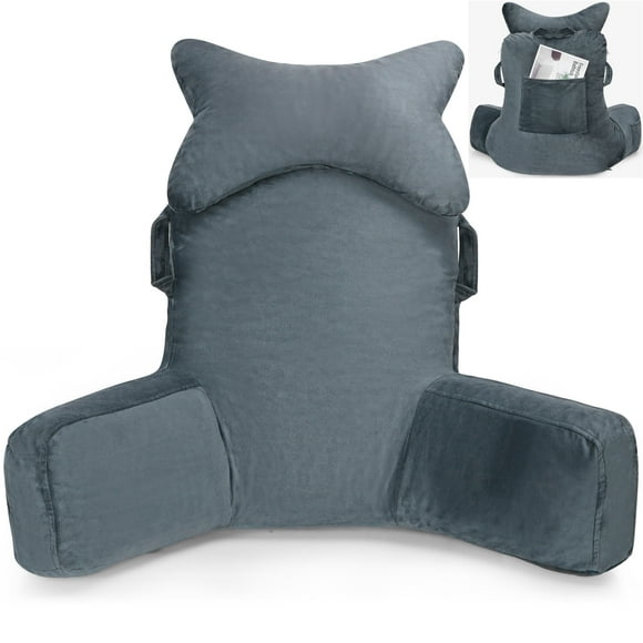 26 x 19 inch Large Memory Foam Reading Pillow, Lumbar Back Rest Pillow with Detachable Neck Roll and Support Arm for Sitting in Bed