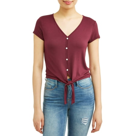 Juniors Tie - Juniors' Short Sleeve Button Tie Front V-Neck T-Shirt