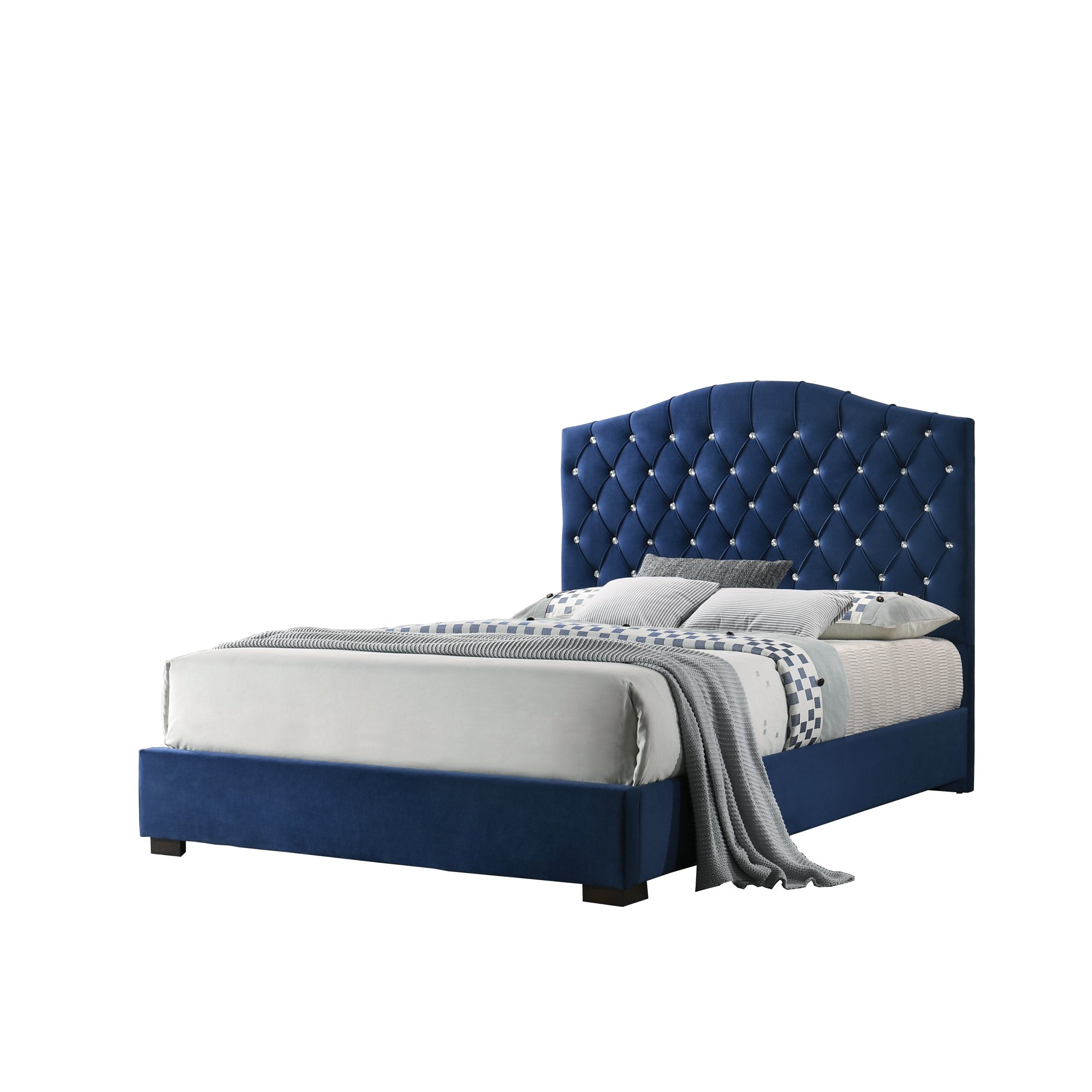 Blue Velvet Queen Size Platform Bed Frame With Upholstered Headboard - No Box Spring Needed, Diamond Tufted, Modern 3 thumbnail image