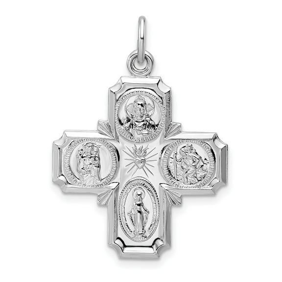 Sterling Silver Four-Way Cross Pendant for Men and Women with Sacred Heart, St Joseph, St Christopher, Miraculous Medal, Catholic Necklace, Religious Christian Jewelry
