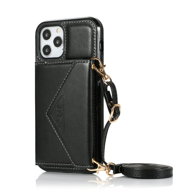 Feishell Crossbody Wallet Phone Case for Apple iPhone 12 Pro Max with  Removable Shoulder Strap,for Women Girls,Magnetic Clasp Credit Card Slots  PU Leather Kickstand Shockproof Phone Case,Black 