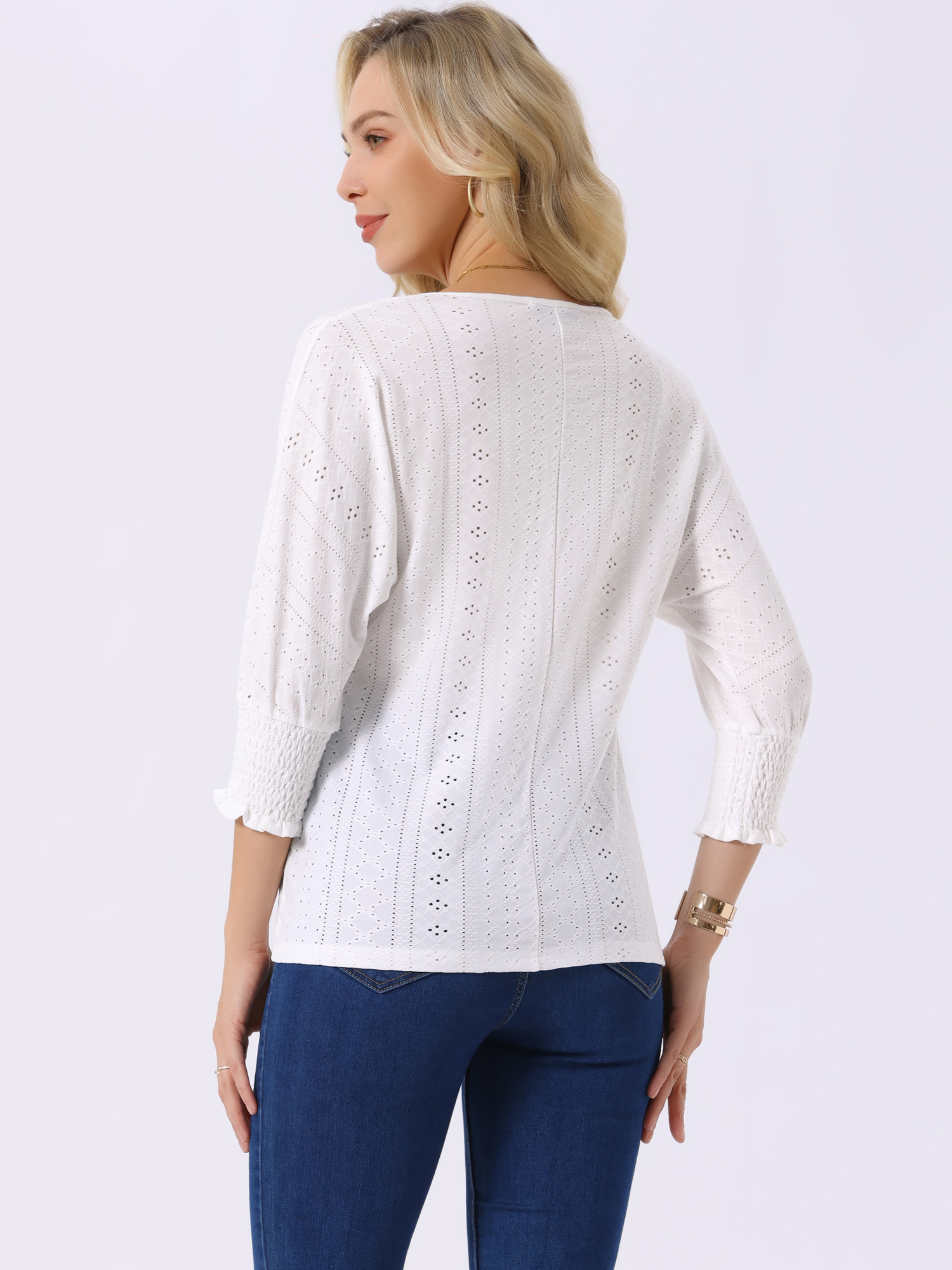 DARING DIVA Women's Batwing Casual Eyelet Blouse Crewneck Tunic T-Shirts White L