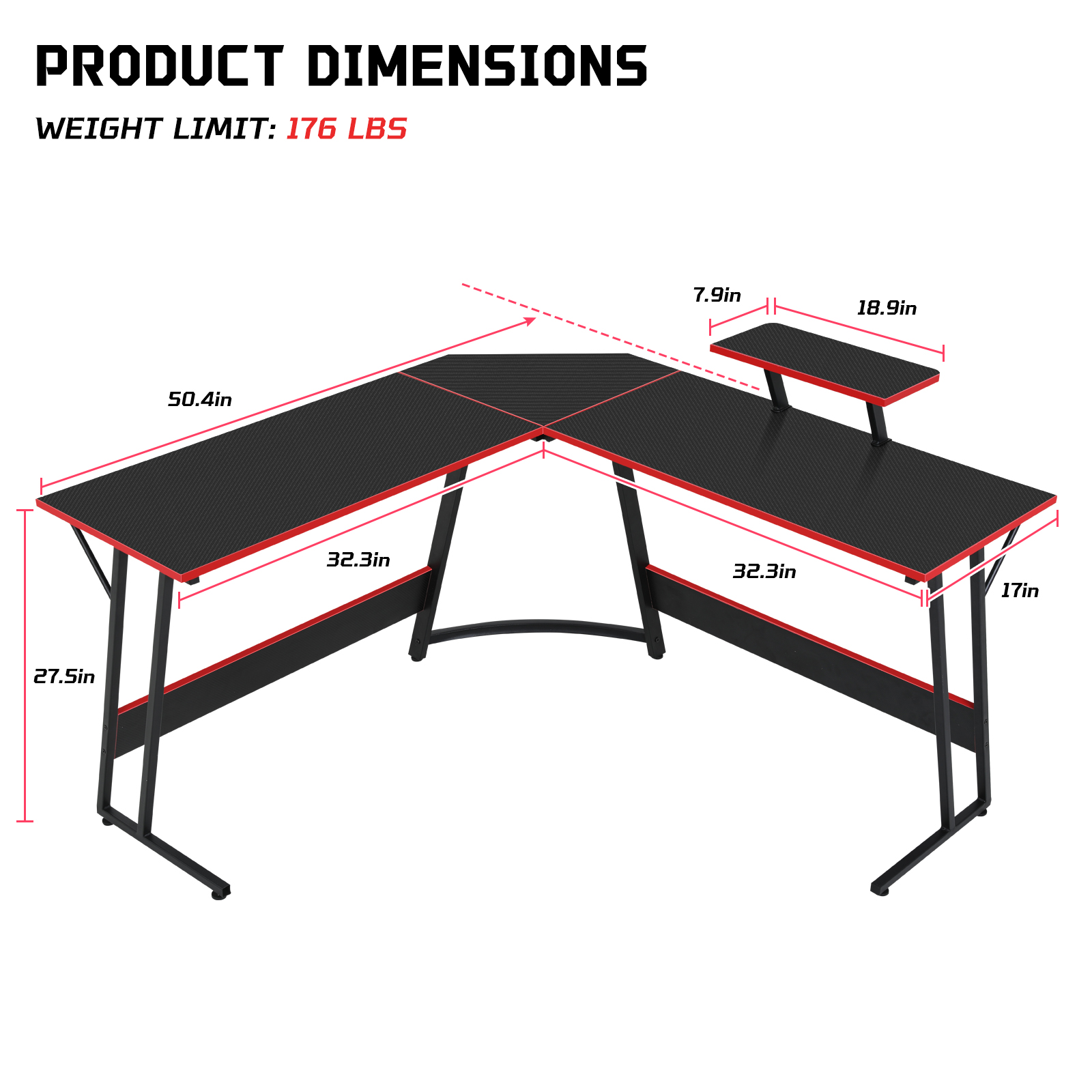 Dkelincs L Shaped Gaming Desk, 50.4" Corner Computer Desk PC Game Table with Monitor Stand Large Desktop for Home Office Study Writing Workstation, Black