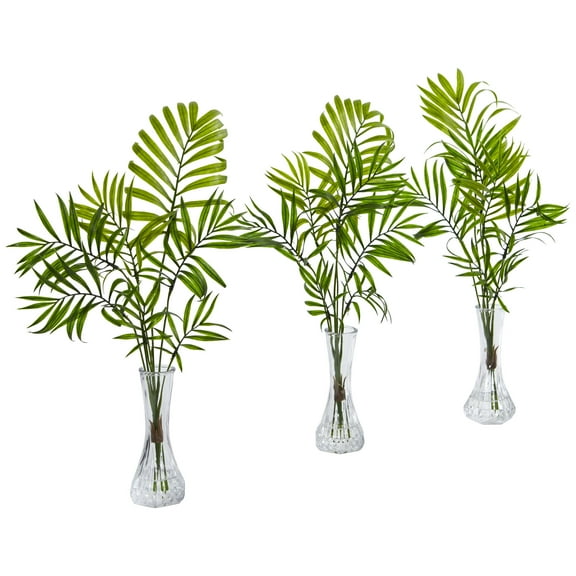 Nearly Natural 19" Plastic Mini Palm Artificial Plant in Vase (Set of 3), Green