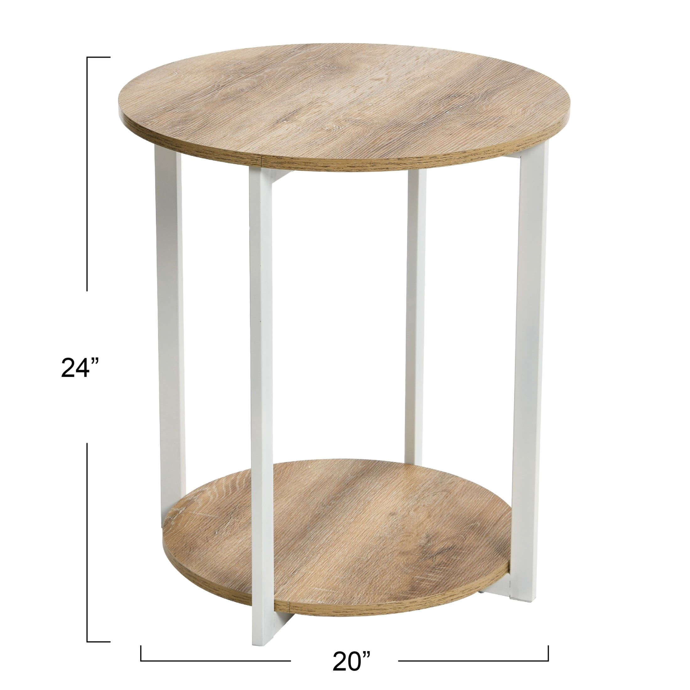 Household Essentials Jamestown Round Side End Table with Storage Shelf Coastal Oak Rustic Wood Grain and White Metal