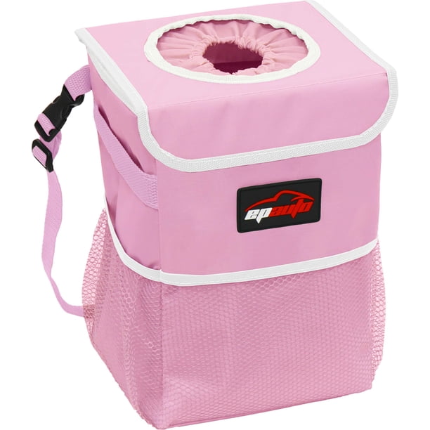 Bote de basura para coche eAuto impermeable con tapa y almacenamiento, color rosa