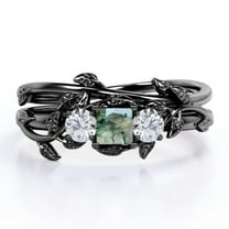 JeenMata Three-stone 1 Carat Princess Cut Banded Moss Green Agate and Moissanite Nature Inspired Bridal Ring Set in 18K Black Gold Plating over Silver