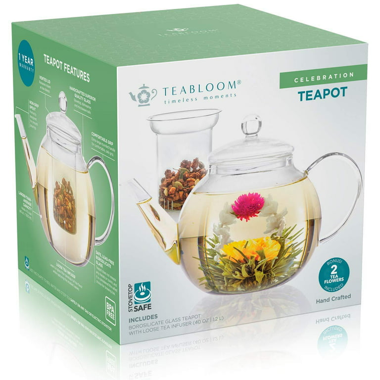 Buy Teabloom Stovetop & Microwave Safe Teapot (40 oz) with Removable Loose  Tea Glass Infuser – Includes 2 Blooming Teas – 2-in-1 Tea Kettle and Tea  Maker Online at desertcartNorway