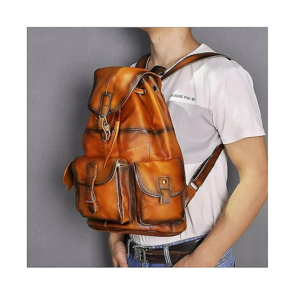 Waterproof Canvas+thick Leather Travel University College School Bag Daypack Rucksack Backpack For Men Male Laptop Bag 9950 - Orange
