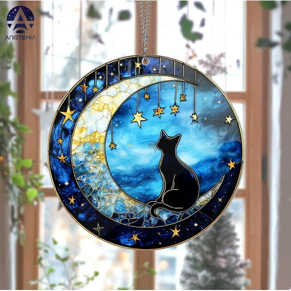 Black Cat on Moon Acrylic Sun Catcher Mystic Cat Window Hanging Art, Lunar Home Decor, Gift for Cat Owners, Faux Stained-Glass Look