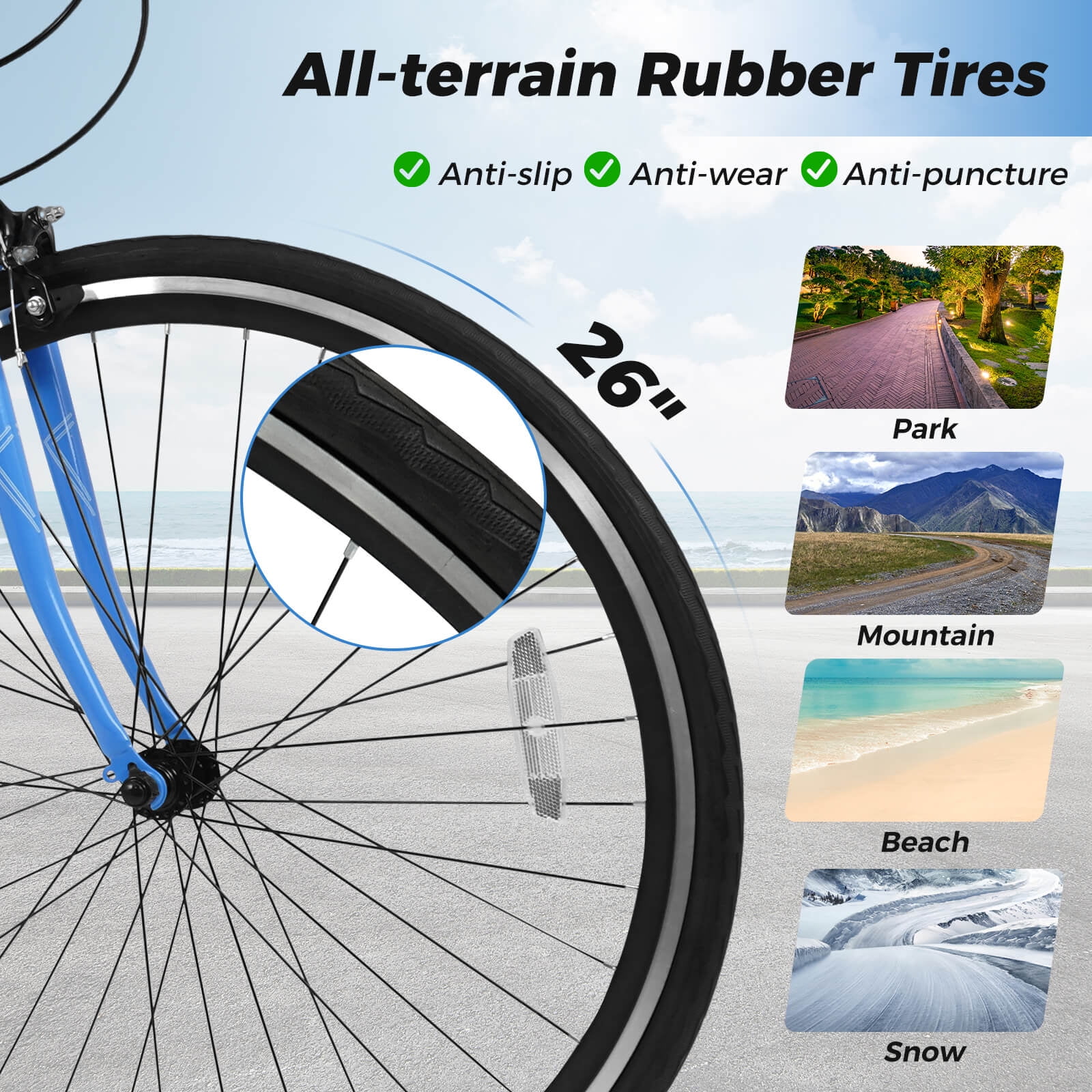 Costway 6-Speed Cycling Bike with All-terrain Rubber Wheels Dual Brakes Adjustable Saddle Blue